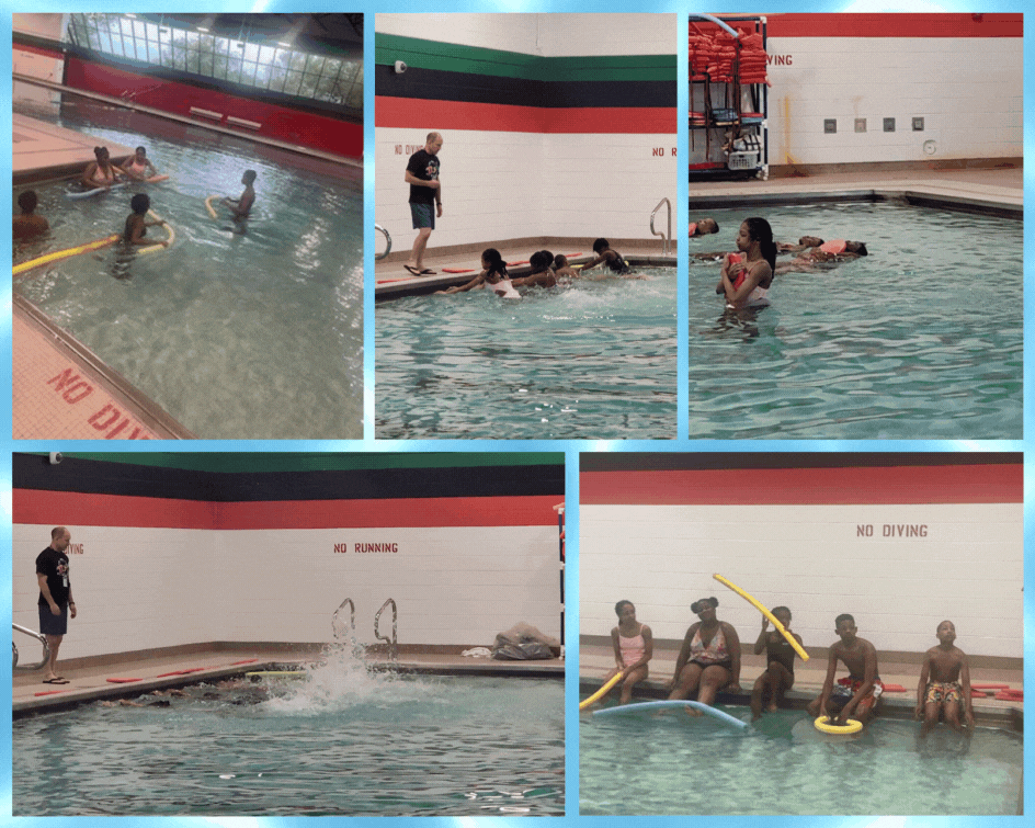 Photo collage of students learning to swim